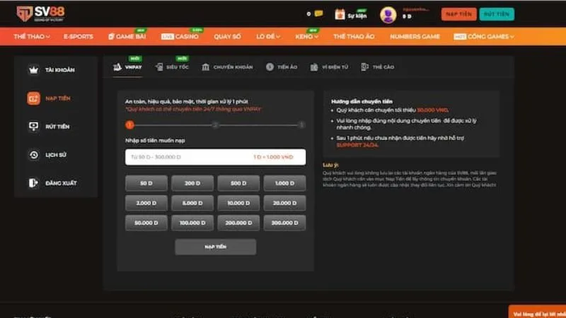 Hướng dẫn cách nạp tiền SV88 nhanh chóng và đơn giản